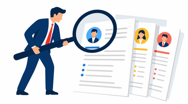 A businessman in a suit uses a giant magnifying glass to inspect a stack of resumes with candidate photos, symbolizing the recruitment process, HR hiring, job selection, and background checks in a