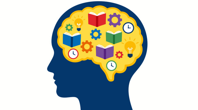 Vector illustration of a human head silhouette with a glowing yellow brain containing colorful icons of open books, mechanical gears, lightbulbs, and clocks representing intelligence and creative