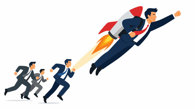 Ambitious businessman flying with a jetpack rocket booster, leaving behind a group of running corporate competitors in a race for success, leadership, innovation, and fast business growth concept art.