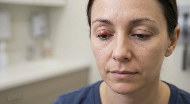 Close up of a woman with a red swollen chalazion bump on her upper eyelid. Female patient with an eye infection in a clinical setting