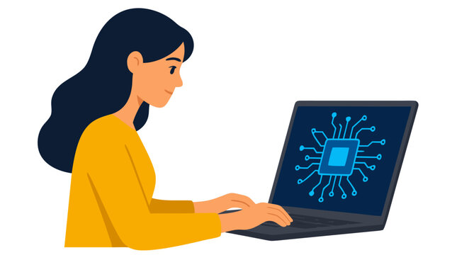 Flat vector illustration of a young woman working on a laptop computer displaying a glowing blue microchip circuit board icon, symbolizing software development, artificial intelligence, and