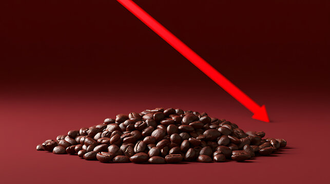 Rich brown coffee grounds pile on a deep red background with a prominent red downward-pointing arrow, symbolizing a decline or decrease
