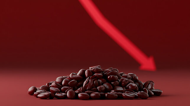 Rich Coffee Beans Pile on Red Background with Sharp Downward Arrow, Illustrating Market Decline and Economic Impact on Commodity Prices