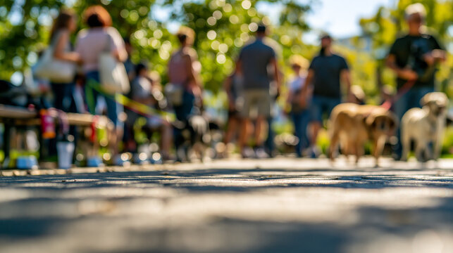 Warm Community Dog Meetup in Green Park with Blurred Crowd, Ground Perspective and Vibrant Summer Mood for Social Event Promotion Background