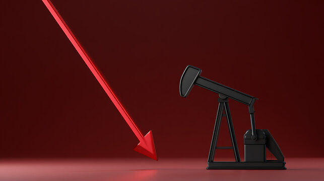 Oil Pump Jack and Downward Red Arrow Illustrate Declining Energy Prices and Market Recession on Muted Crimson Background