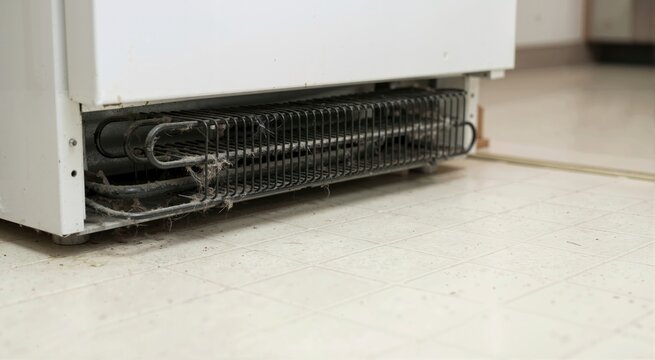 Dirty refrigerator condenser coils covered in thick dust and lint. Close up of neglected home appliance maintenance underneath a white fridge on a tiled kitchen floor