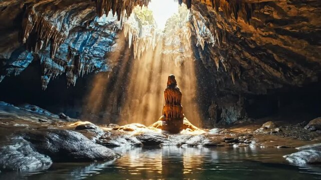Mysterious cave interior with stalagmite and a pool of water with sunlight streaming through the entrance
