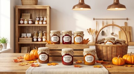 Obraz premium Seasonal gift baskets and homemade preserves displayed in a specialty shop, thoughtful holiday gifting, artisan food, small business retail.