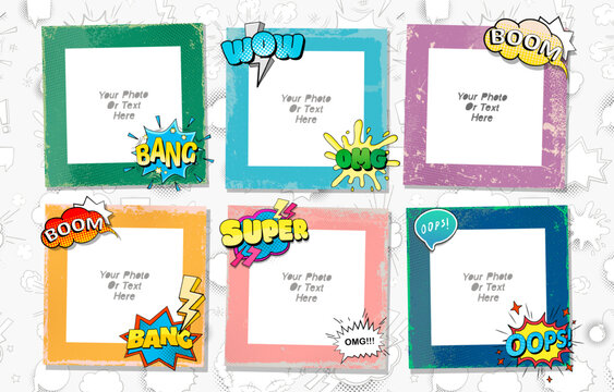 Cartoon kid art styles vector photo frame for collage. Design for scrapbook in retro pop style. Border set picture collection. Decorative cute image.