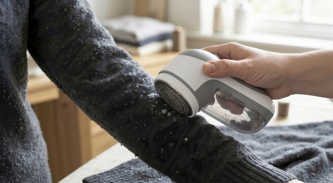 Close-up of electric fabric shaver removing pilling from grey sweater. Handheld defuzzer cleaning fuzz balls off knit garment