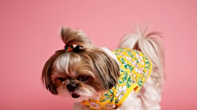 Cute Shih Tzu dog in yellow floral vest with updo posing against a vibrant pink background for summer fashion