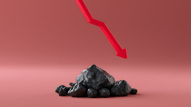 Abstract image showing a red downward trending arrow over a pile of dark rocks, symbolizing decline, fall, collapse, or negative impact on resources or a market