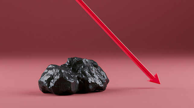 Abstract image showing dark mineral rocks under a stark red arrow pointing downwards, symbolizing decline, challenge, or negative market trends