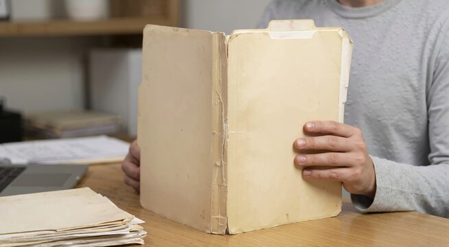 Person holding an old yellowed file folder with a worn crease pattern. Hands opening a vintage document on a wooden desk in an office
