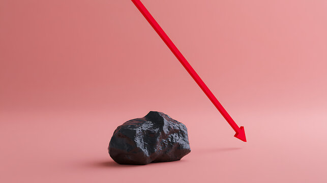 Abstract image showing an arrow pointing down, symbolizing decrease, decline, or downward trend, with a dark, rough rock on a pink background