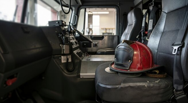 Red firefighter helmet resting on a truck seat. Interior cab of a fire engine with dashboard and steering wheel ready for emergency response