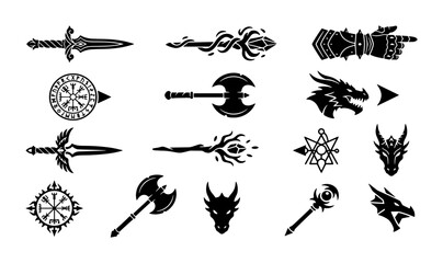 Fantasy RPG game icons set, black silhouette medieval weapon and dragon head vectors, magic staff and battle axe collection for UI design © MdMahmudulHasan