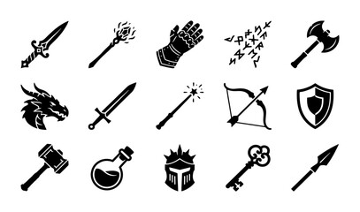 Fantasy RPG game icons set, 15 black medieval weapon and magic symbols, tabletop adventure quest vector elements for gaming UI and app design © MdMahmudulHasan