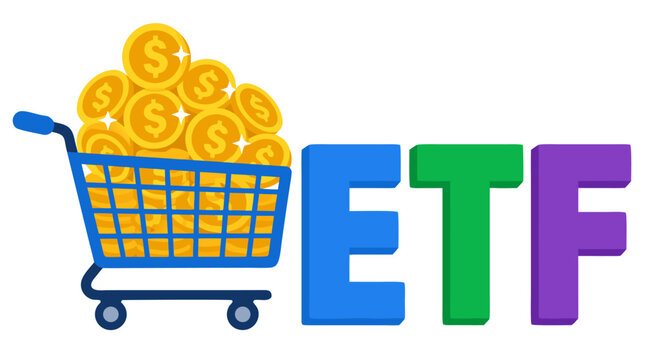 A vibrant vector illustration of a blue shopping cart overflowing with shiny gold dollar coins next to bold, colorful 3D block letters spelling ETF, representing exchange-traded fund investment