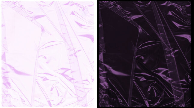 Crumpled plastic wrap texture, purple cellophane overlay background, wrinkled transparent film set, abstract glossy synthetic material