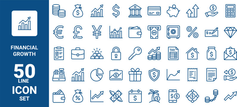 Set of 50 financial growth and business line icons, vector illustration