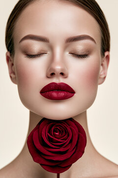 Luxury Beauty Portrait of Elegant Woman Holding Red Rose with Radiant Skin