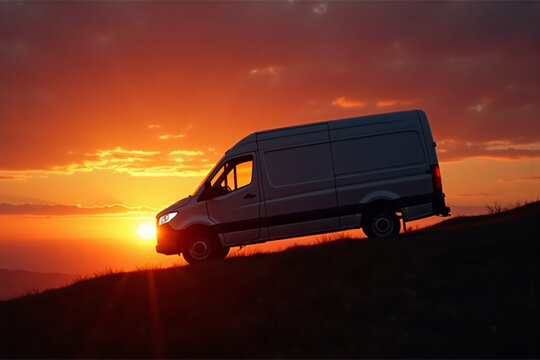 White delivery van driving uphill on rural road at beautiful orange sunset with dramatic sky and silhouette in background