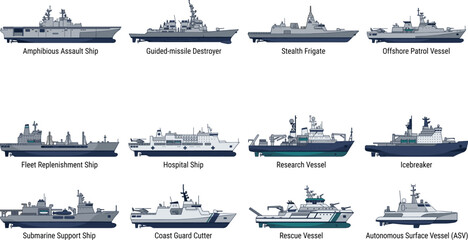 Naval and Maritime Vessel Vector Collection with Military Research Rescue and Support Ships © Liton