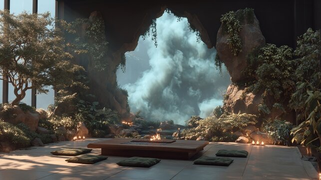 Serene contemplation space a harmonious blend of nature and design evoking tranquility and peace