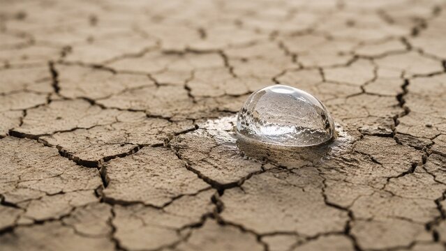 Melting Ice Cube on Cracked Dry Earth A melting ice cube rests on cracked dry soil, symbolizing drought, water scarcity, climate change, heat, and environmental crisis