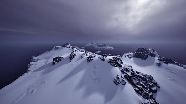 snowy ridge under moody sky with jagged rocks, aerial perspective suggesting drone survey over remote alpine landscape, cold blue tones and silent horizon