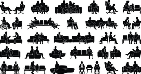 Obraz premium Waiting Room People Silhouette Collection with Seated Individuals Families Patients and Business Professionals