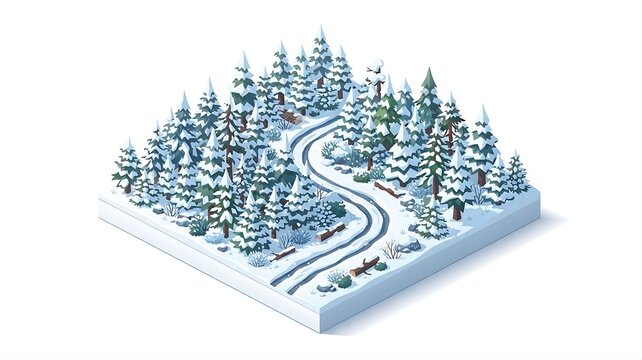 Isometric 2.5D snowy pine forest tile featuring a winding road through snow-covered evergreen trees and winter landscape, isolated vector illustration on pure white background