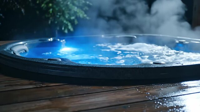 Modern hot tub with bubbling blue water and rising steam on a wooden deck at night