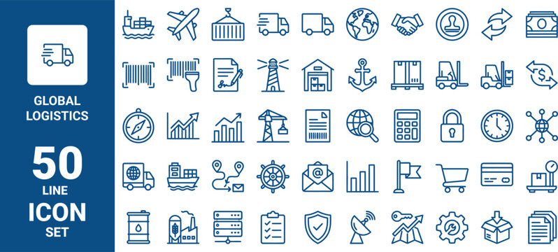 Set of 50 global logistics line icons, including shipping, transportation, supply chain, delivery, warehouse, and business management symbols