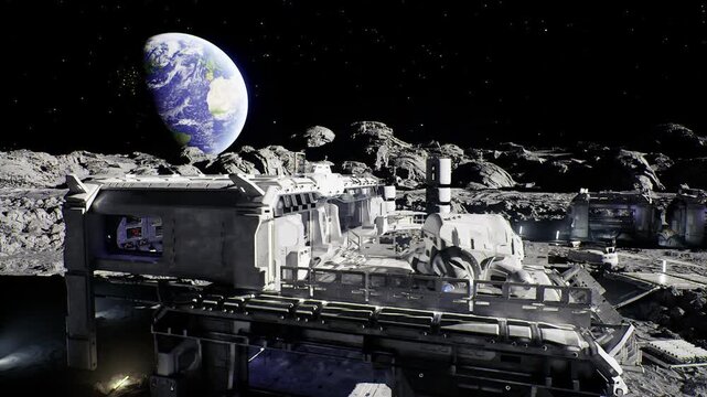 Lunar module complex with surrounding industrial elements. Commercial space station modules positioned on moon surface with rugged lighting and star filled sky