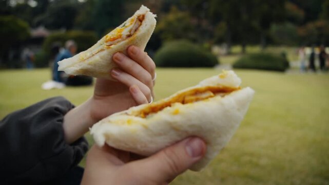 Person holding a japanese sandwich during a picnic in the park