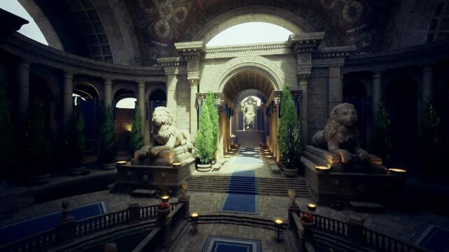 Twilight ceremonial hall with lanterns and leafy shadows. Deep tones and warm sconces create mysterious atmosphere, sculpted guardians flank central aisle