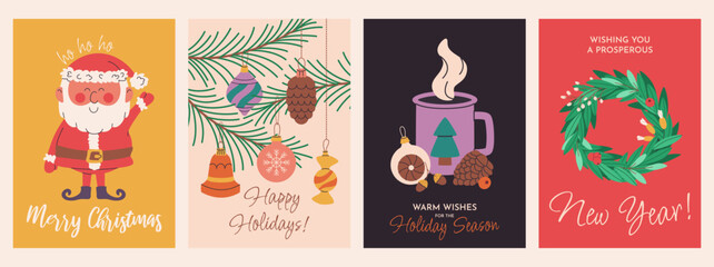Fototapeta premium Set of festive posters or cards for Merry Christmas and Happy New Year. Vertical flat illustrations. Christmas baubles, wreath, mug, pine cone, and Santa Claus. Vector templates for holiday designs.