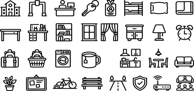 Dormitory and student hostel line icon set for campus housing room facilities apartment amenities elements