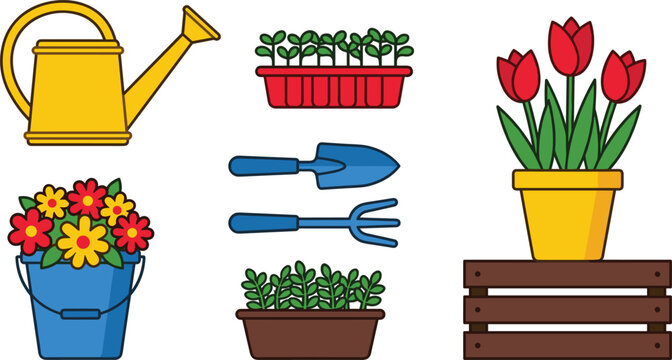 Gardening Tool and Potted Flower Vector Icon Set with Watering Can, Trowel, Rake, and Microgreens for Spring Backyard Hobby and Botanical Layouts
