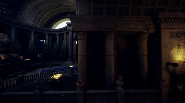 Moonlit marble hall with lion statue and lantern glow, ornate columns framing curved staircase, balustrade lined with evergreen planters, reflecting pool