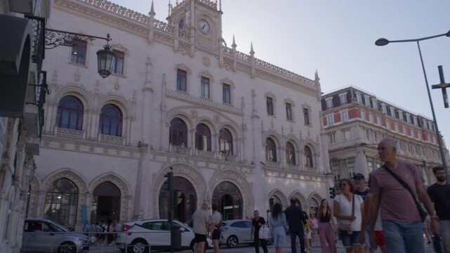 Historic Architecture at Rossio Square in Lisbon Portugal During Summer Golden Hour Shot with Cinema Camera