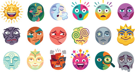 Fototapeta premium Emotion Face Icon Collection with Human Expressions Mood Psychology and Feelings Vector Set