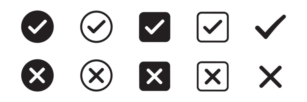 Check mark icon button set. Check box icon with right and wrong buttons and yes or no checkmark icons in green tick box and red cross. Isolated checkmark symbol, right and wrong sign concept. Icon