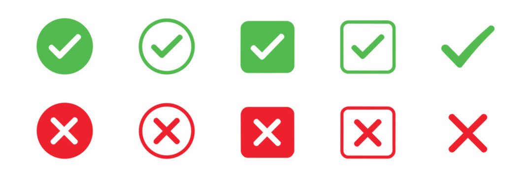 Check mark icon button set. Check box icon with right and wrong buttons and yes or no checkmark icons in green tick box and red cross. Isolated checkmark symbol, right and wrong sign concept. Icon