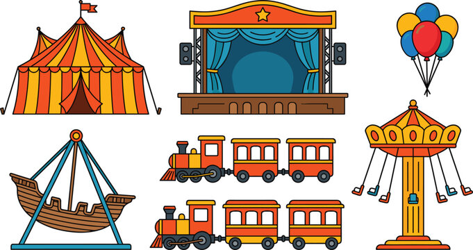 Vintage Circus and Amusement Park Ride Icon Set with Red Striped Tent, Theater Stage, Trackless Train, Swing Carousel, and Pirate Ship Attraction