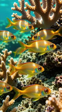 Small golden fish school swim near colorful coral reef in clear blue ocean water. Aquatic life thrives in marine ecosystem, nature underwater scene.