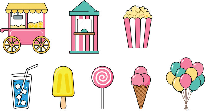 Carnival Food and Amusement Park Stall Vector Icon Set with Popcorn Machine, Ticket Booth, Ice Cream, Popsicle, Soda, and Birthday Party Balloons