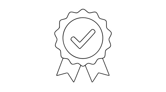 Hand-drawn vector icon of certification badge with checkmark, seal stamp, and ribbon - minimalist outline illustration for quality, approval, and achievement in scalable line art design